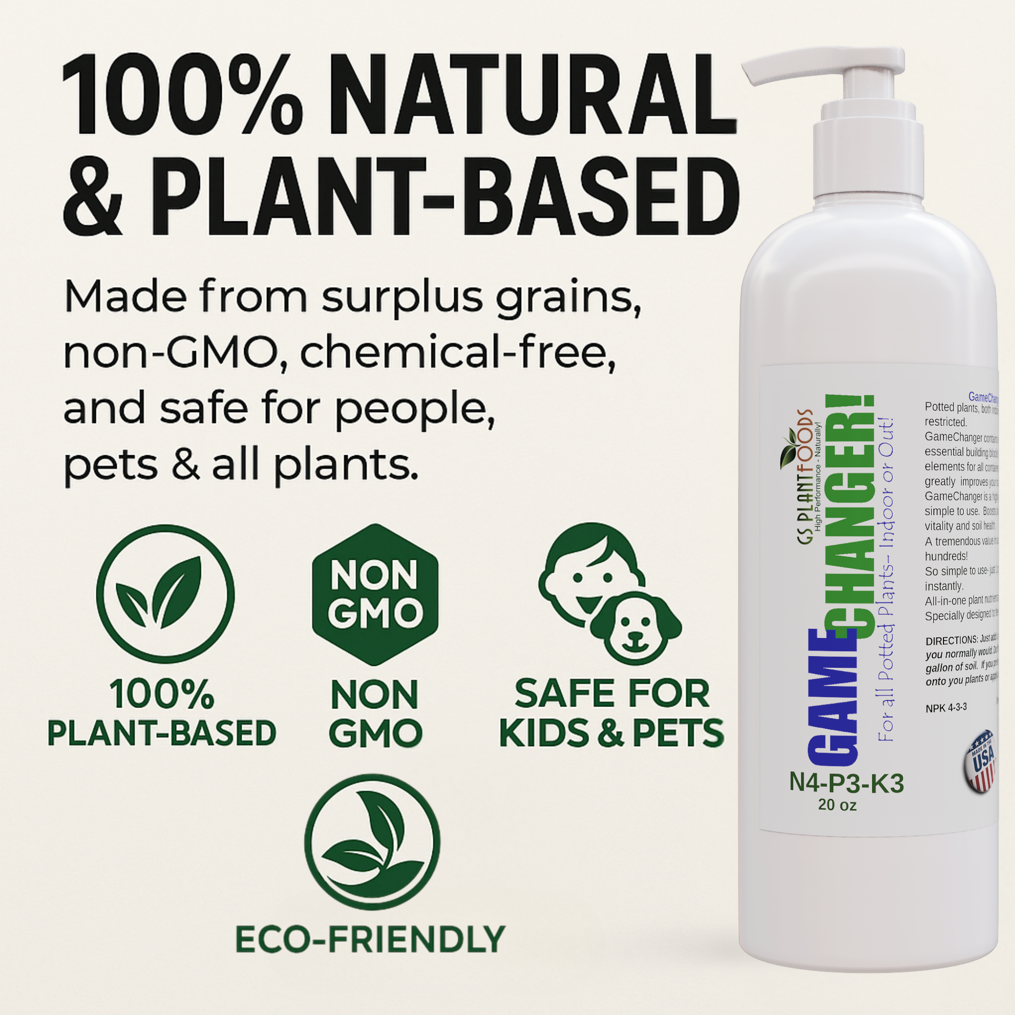 GS Plant Foods Game Changer All-Purpose Essentials - 100% Plant-Based Organic Fertilizer for Indoor or Outdoor Container Grown Plants, NPK 4-3-3, Liquid Formula for Houseplants, 20 Ounces product image 2