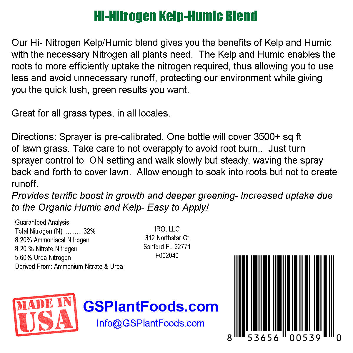 Hi-Nitrogen Kelp-Humic Blend 32-0-0 by GS Plant Foods, A Quick Greening Lawn Food product image 2