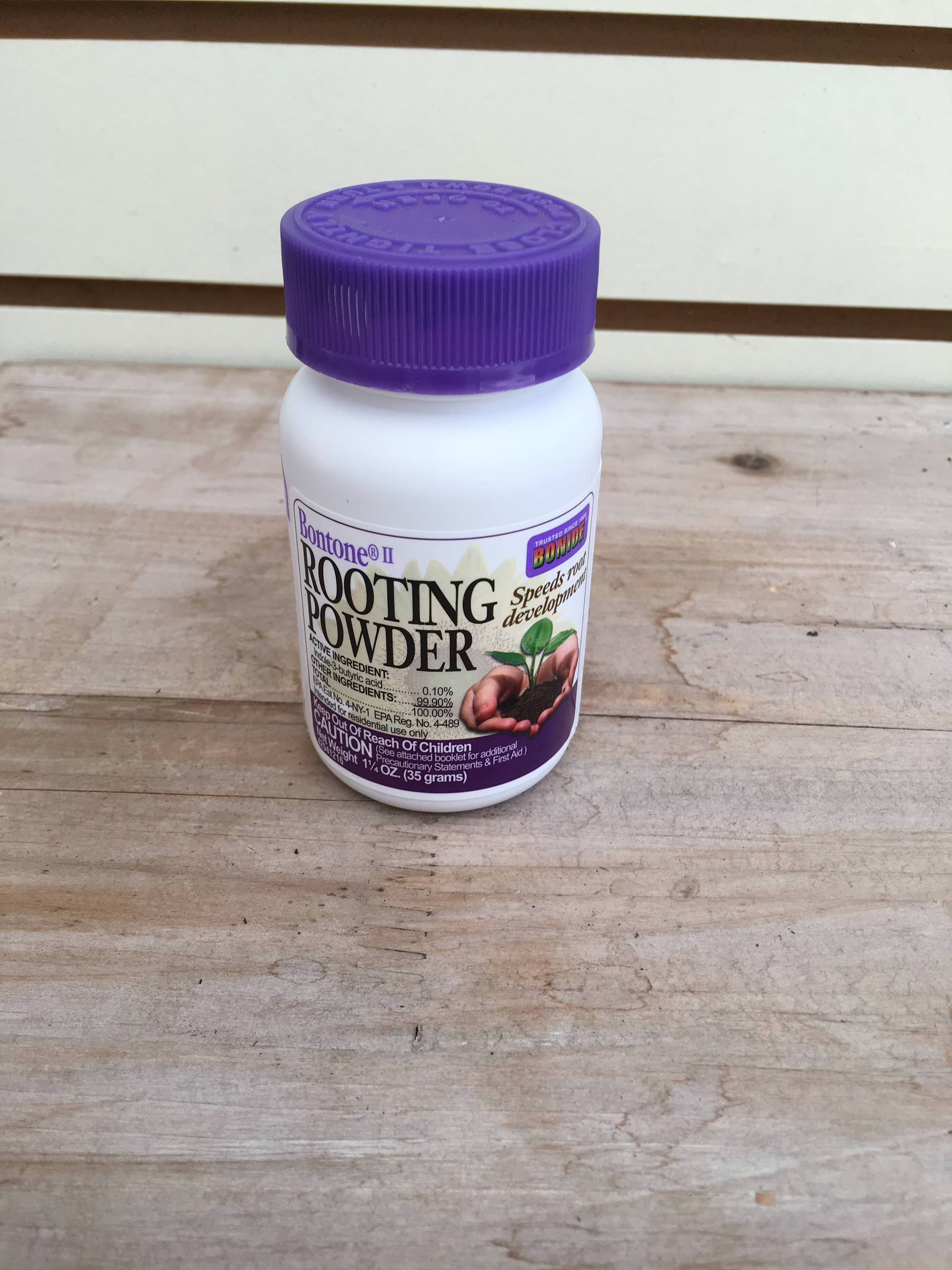 Front of Bonide II Rooting Powder bottle with purple cap